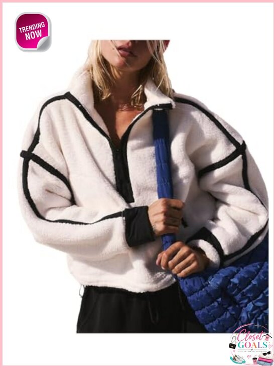 Tops - Fleece Half Zip Pullover Long Sleeve Oversized Workout Crop Top Hoodie